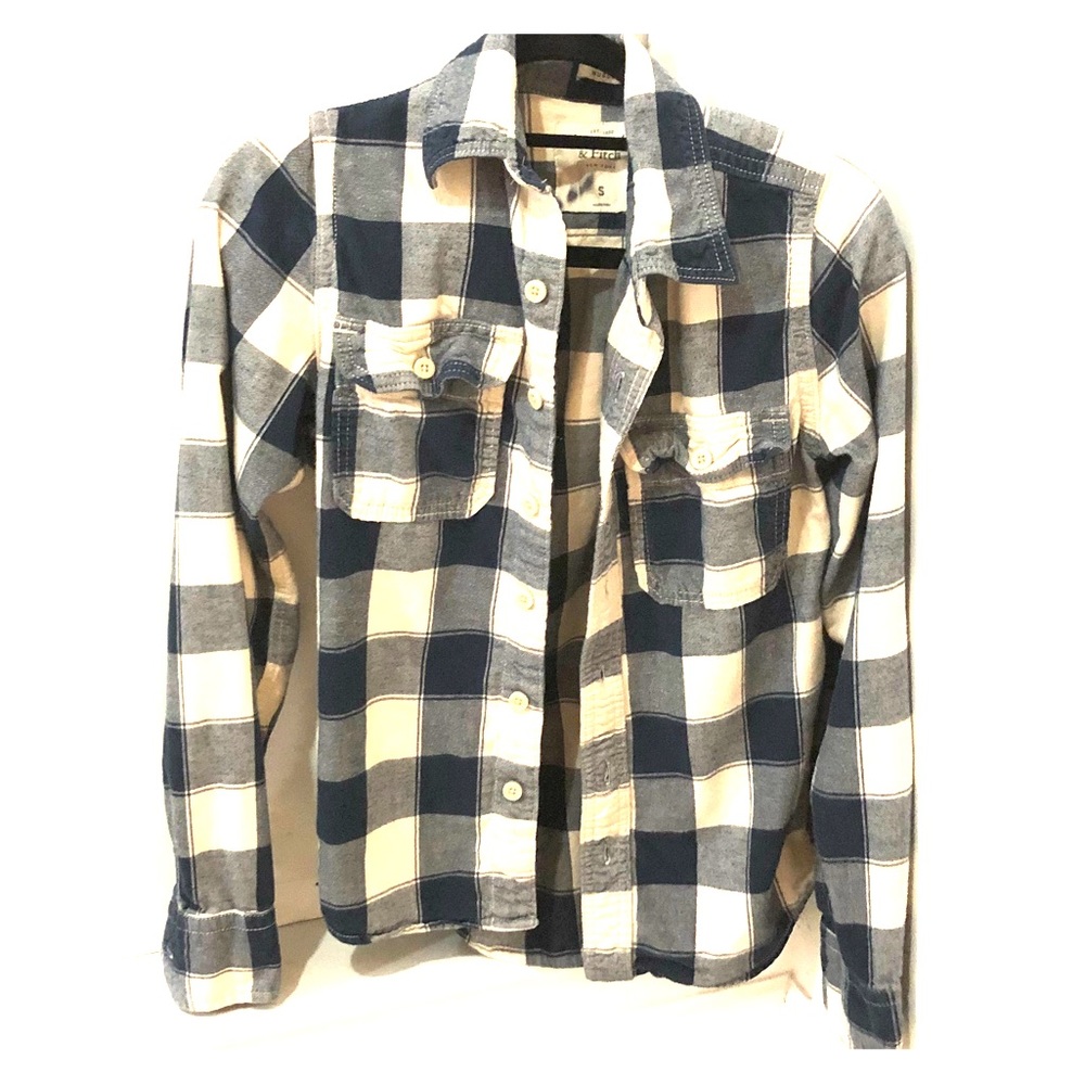 Blue and white thick plaid button-down